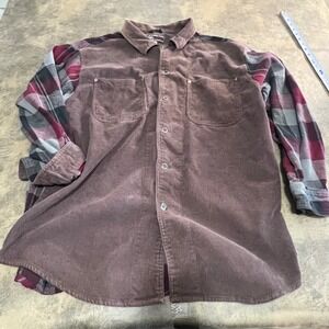 Out of Character Corduroy Flannel Shirt Mens 2XT Brown Plaid Mixed Media Tall